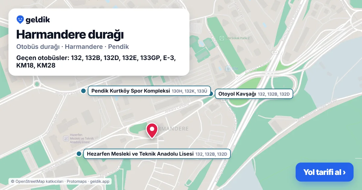 Harmandere otobüs durağı haritada: konumu ve yakındaki duraklar