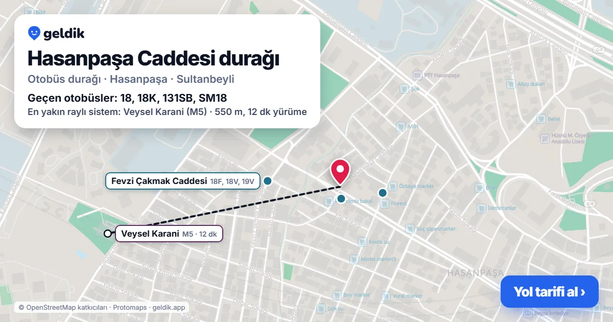 Hasanpaşa Caddesi otobüs durağı haritada: konumu ve yakındaki duraklar