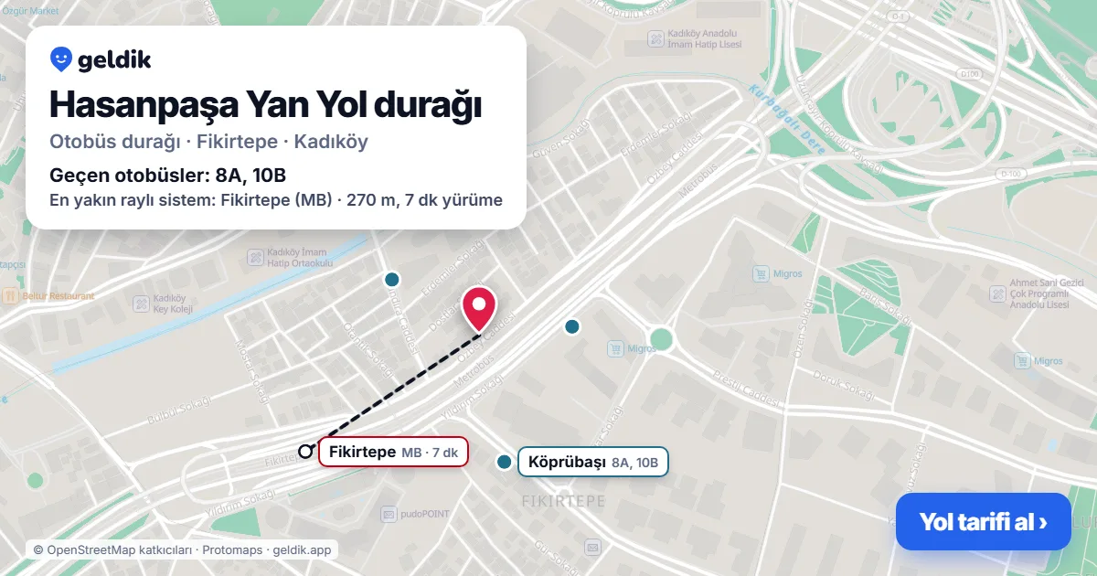 Hasanpaşa Yan Yol otobüs durağı haritada: konumu ve yakındaki duraklar