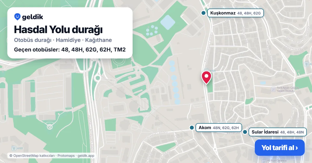 Hasdal Yolu otobüs durağı haritada: konumu ve yakındaki duraklar