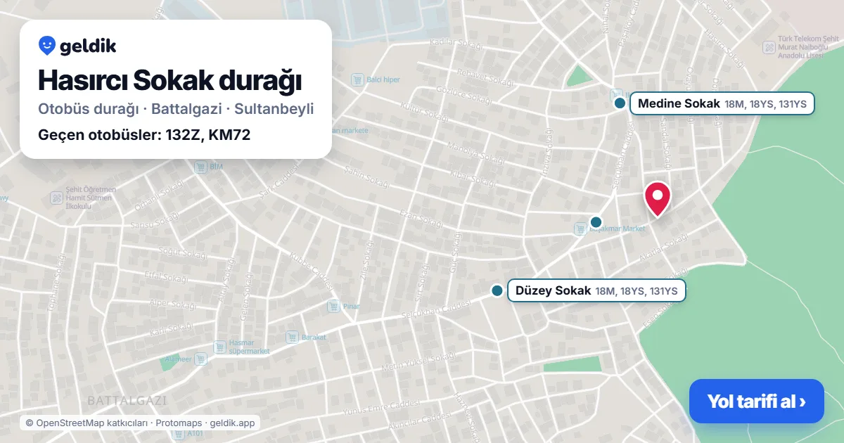 Hasırcı Sokak otobüs durağı haritada: konumu ve yakındaki duraklar
