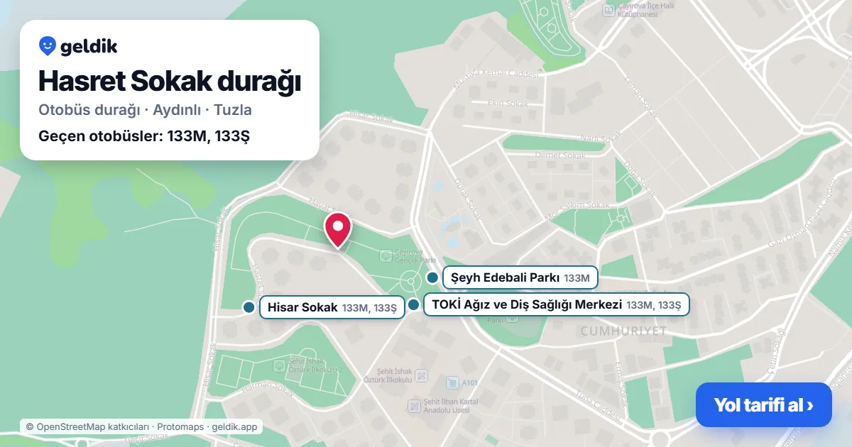 Hasret Sokak otobüs durağı haritada: konumu ve yakındaki duraklar