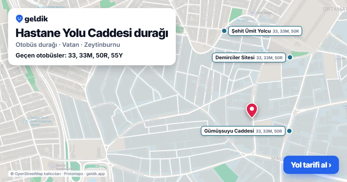 Hastane Yolu Caddesi otobüs durağı haritada: konumu ve yakındaki duraklar