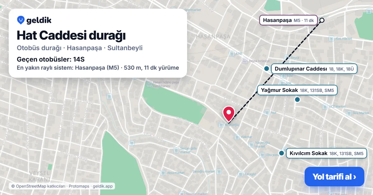 Hat Caddesi otobüs durağı haritada: konumu ve yakındaki duraklar
