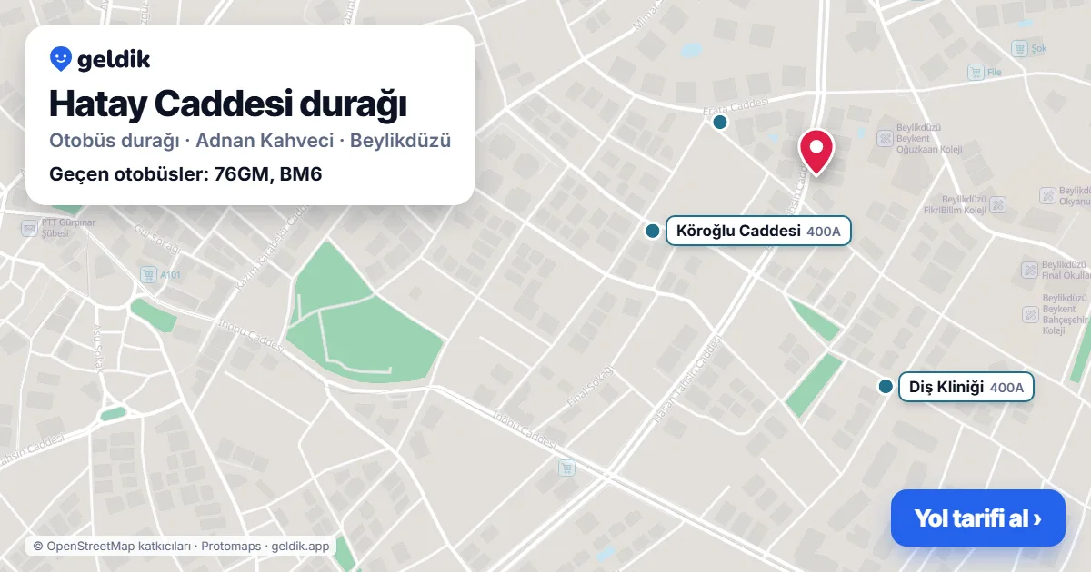 Hatay Caddesi otobüs durağı haritada: konumu ve yakındaki duraklar