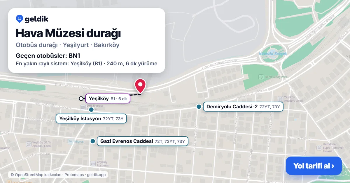 Hava Müzesi otobüs durağı haritada: konumu ve yakındaki duraklar