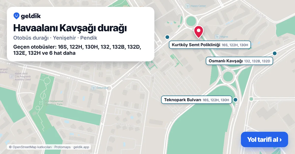 Havaalanı Kavşağı otobüs durağı haritada: konumu ve yakındaki duraklar