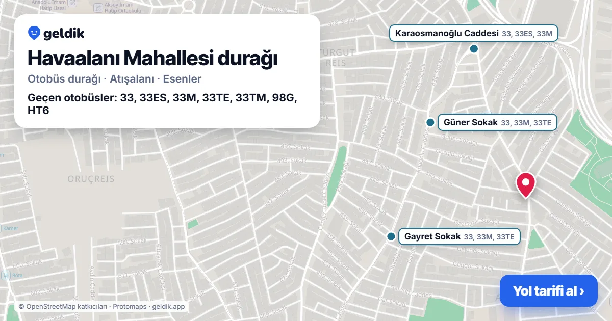 Havaalanı Mahallesi otobüs durağı haritada: konumu ve yakındaki duraklar