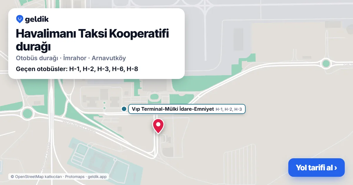Havalimanı Taksi Kooperatifi otobüs durağı haritada: konumu ve yakındaki duraklar