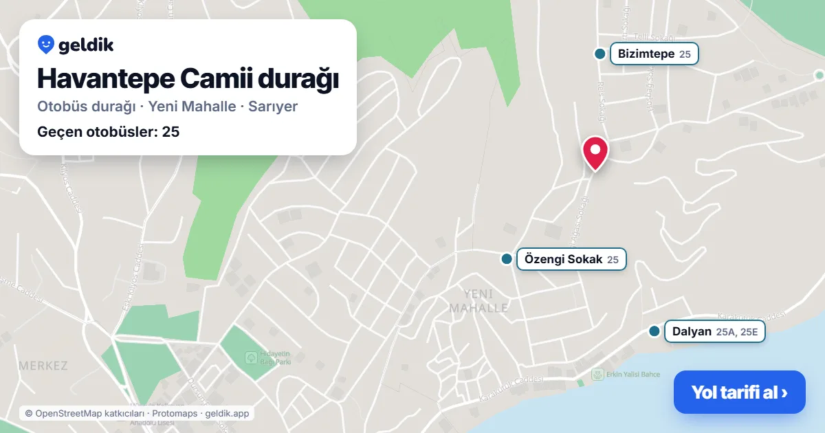 Havantepe Camii otobüs durağı haritada: konumu ve yakındaki duraklar