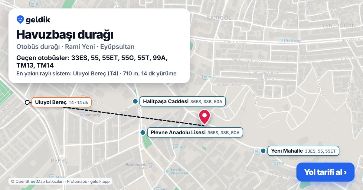 Havuzbaşı otobüs durağı haritada: konumu ve yakındaki duraklar