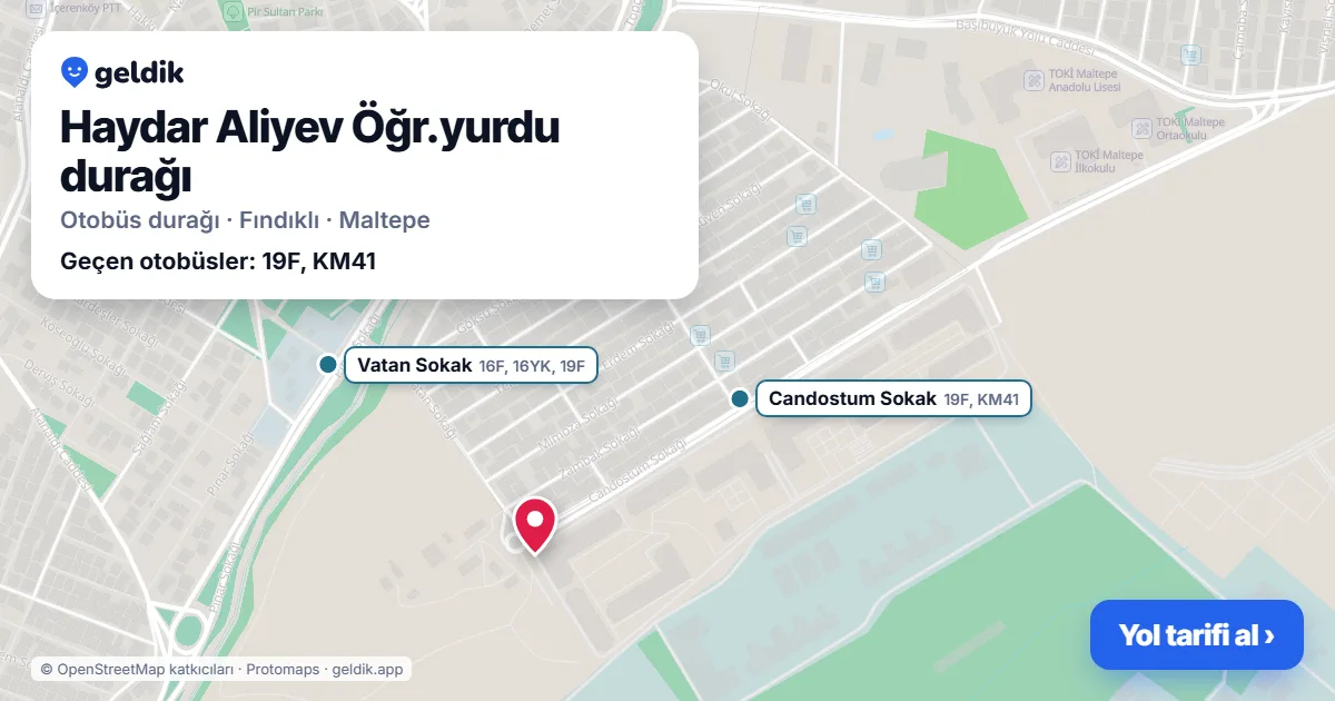 Haydar Aliyev Öğr.yurdu otobüs durağı haritada: konumu ve yakındaki duraklar