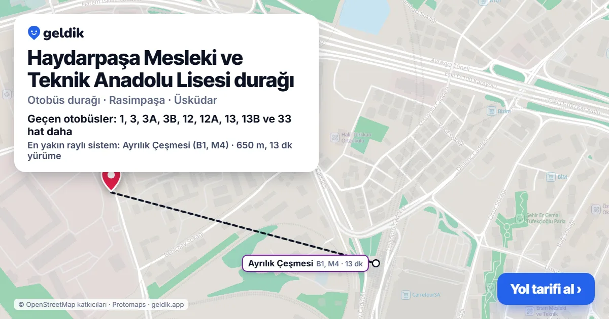 Haydarpaşa Mesleki ve Teknik Anadolu Lisesi otobüs durağı haritada: konumu ve yakındaki duraklar