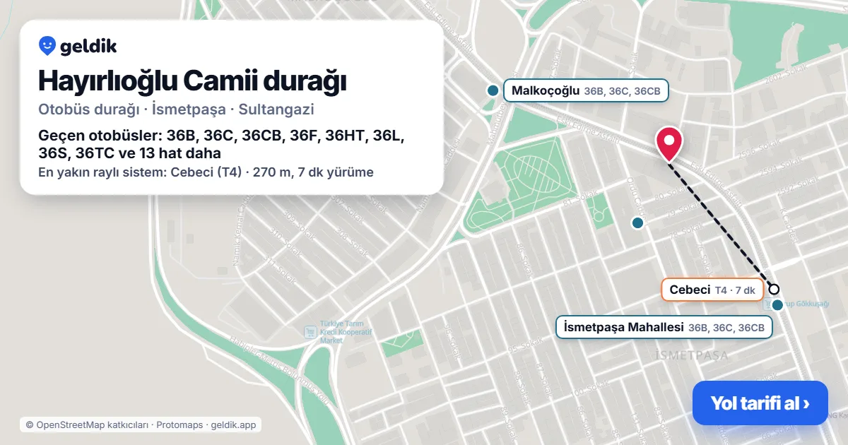 Hayırlıoğlu Camii otobüs durağı haritada: konumu ve yakındaki duraklar