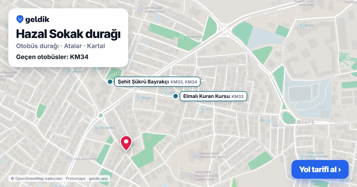 Hazal Sokak otobüs durağı haritada: konumu ve yakındaki duraklar