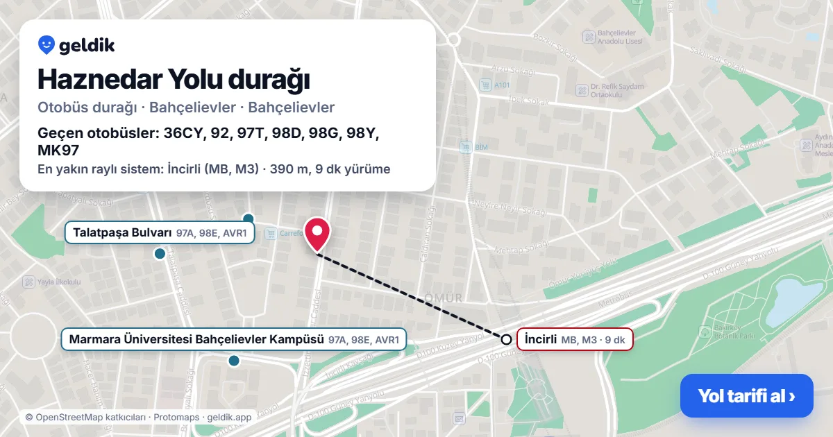 Haznedar Yolu otobüs durağı haritada: konumu ve yakındaki duraklar