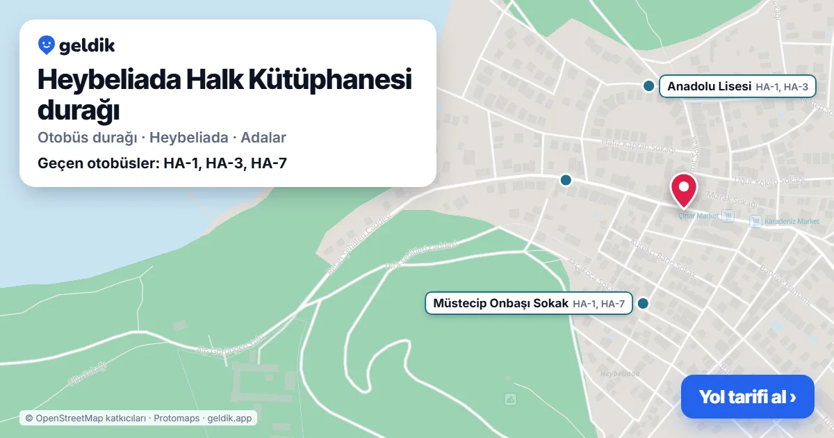 Heybeliada Halk Kütüphanesi otobüs durağı haritada: konumu ve yakındaki duraklar