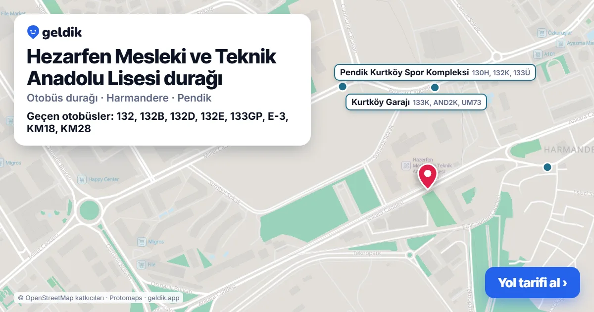 Hezarfen Mesleki ve Teknik Anadolu Lisesi otobüs durağı haritada: konumu ve yakındaki duraklar
