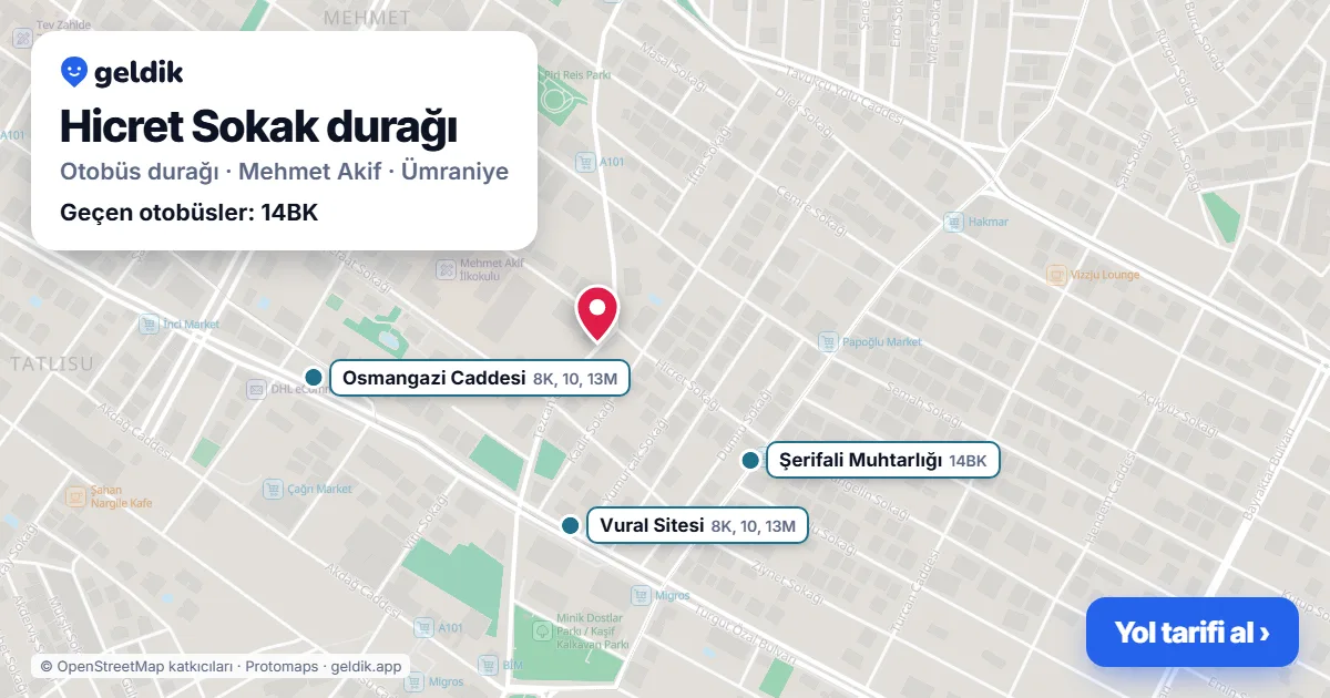 Hicret Sokak otobüs durağı haritada: konumu ve yakındaki duraklar