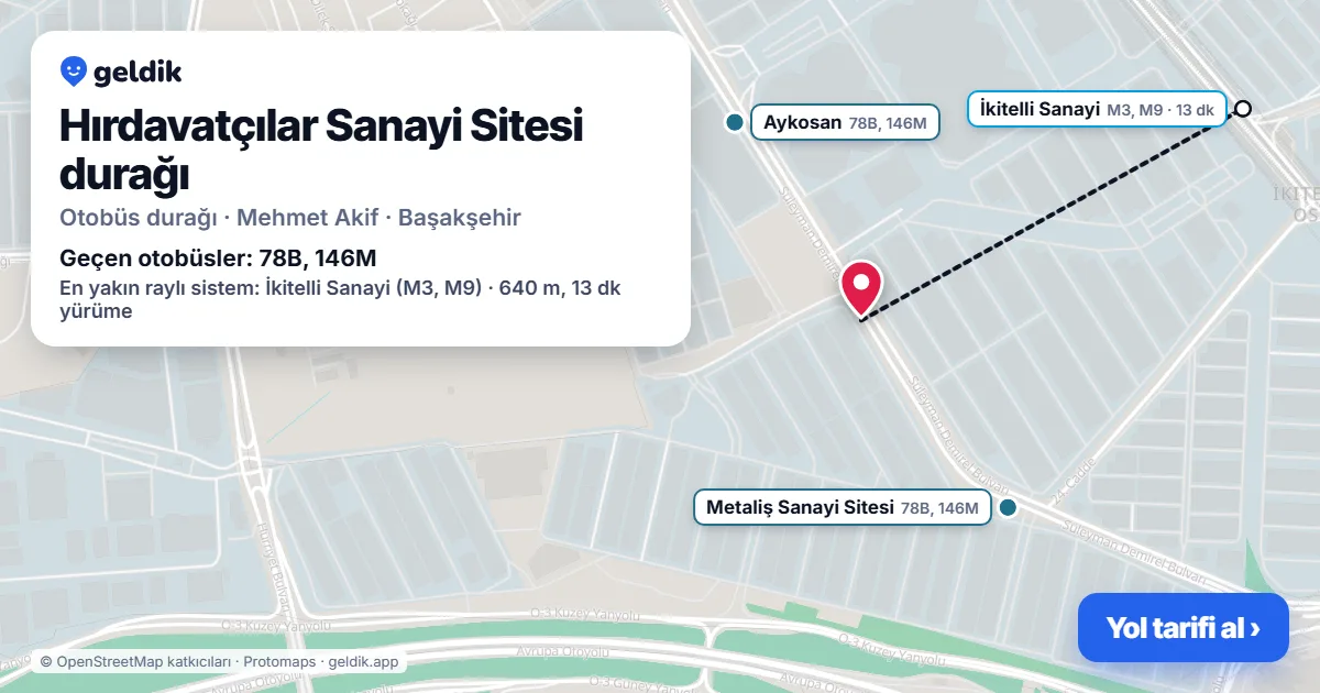 Hırdavatçılar Sanayi Sitesi otobüs durağı haritada: konumu ve yakındaki duraklar