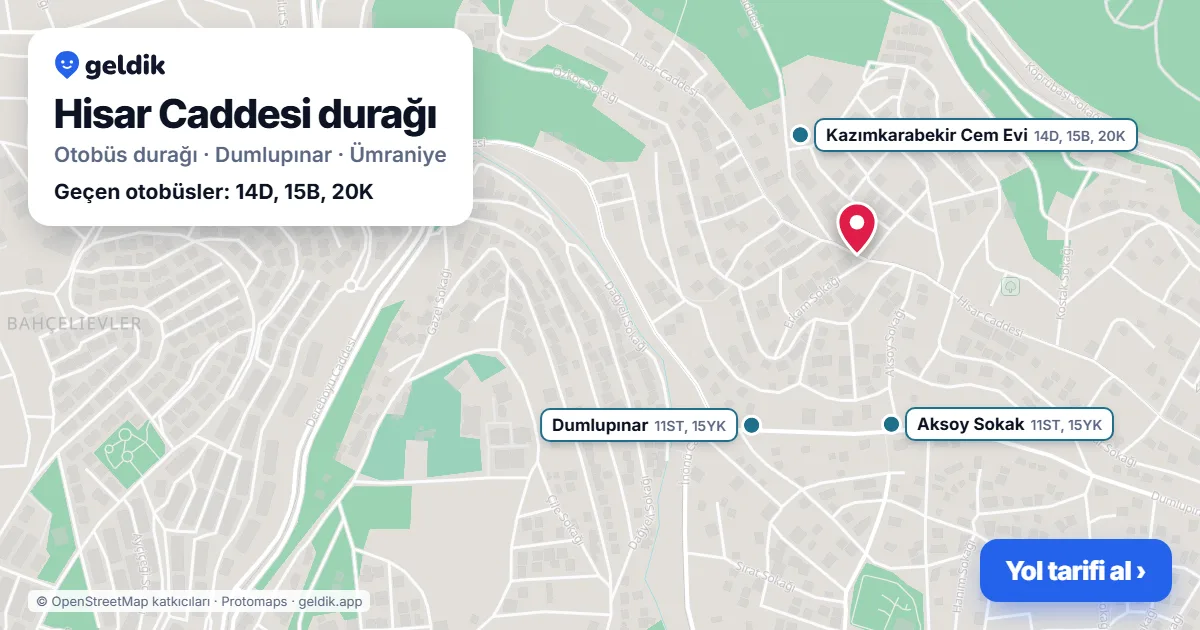 Hisar Caddesi otobüs durağı haritada: konumu ve yakındaki duraklar