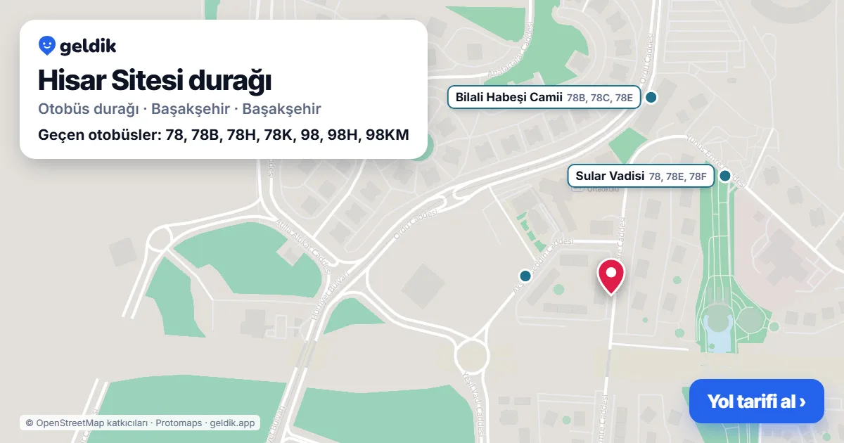 Hisar Sitesi otobüs durağı haritada: konumu ve yakındaki duraklar