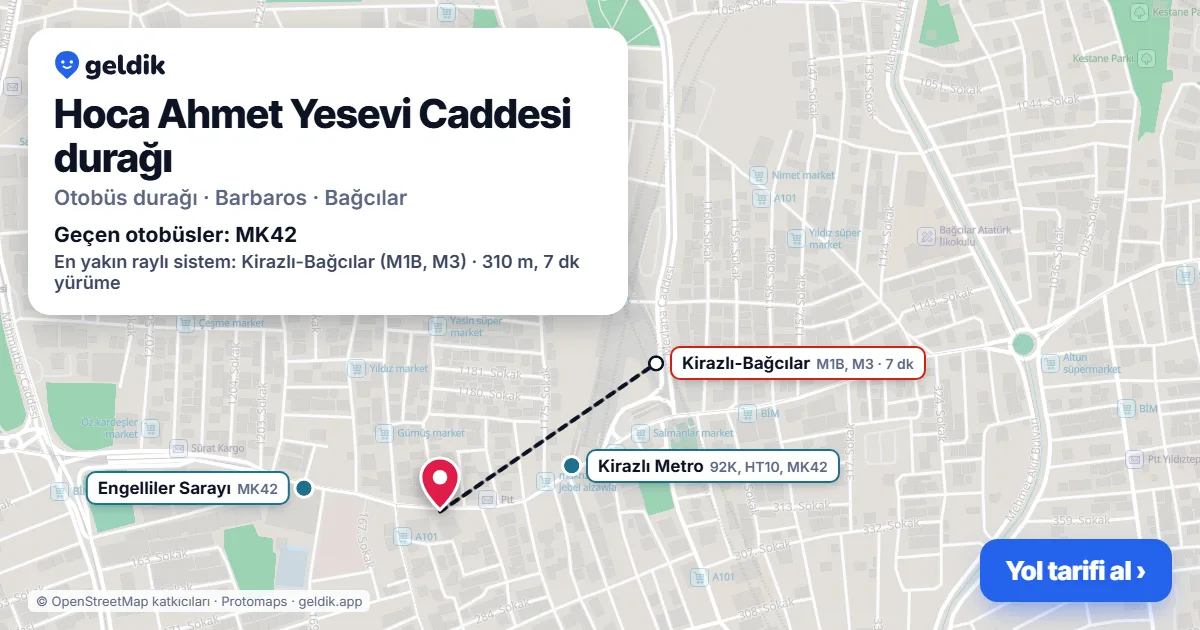 Hoca Ahmet Yesevi Caddesi otobüs durağı haritada: konumu ve yakındaki duraklar