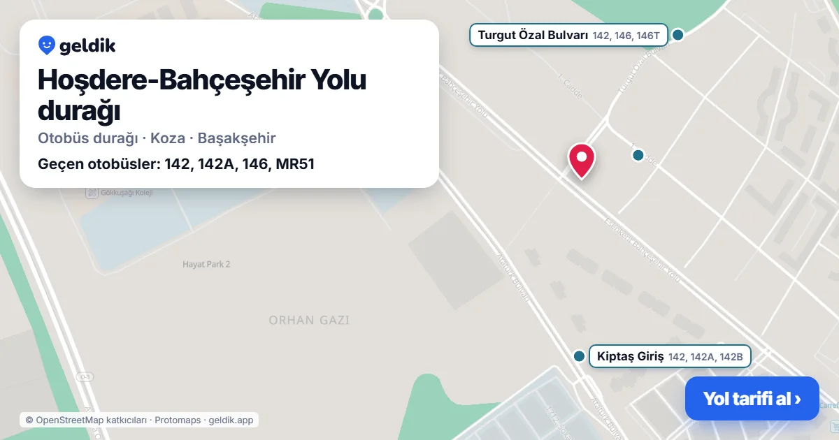 Hoşdere-Bahçeşehir Yolu otobüs durağı haritada: konumu ve yakındaki duraklar