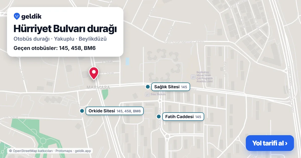 Hürriyet Bulvarı otobüs durağı haritada: konumu ve yakındaki duraklar