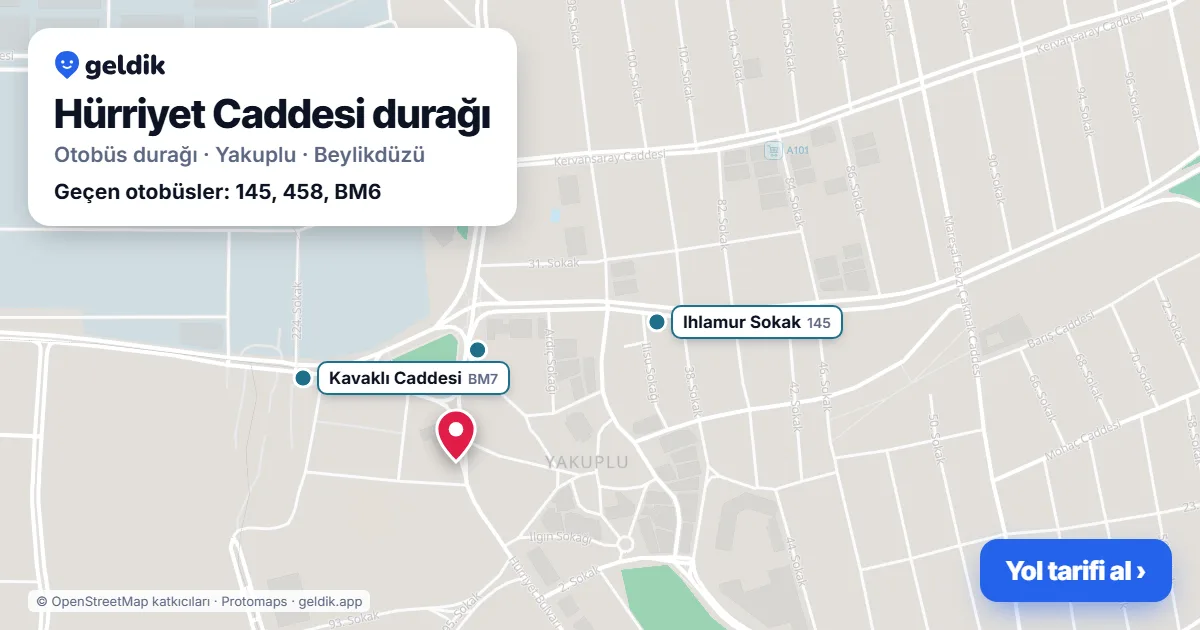Hürriyet Caddesi otobüs durağı haritada: konumu ve yakındaki duraklar