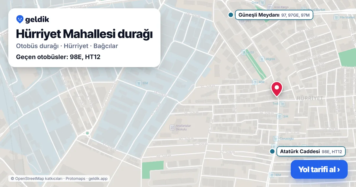 Hürriyet Mahallesi otobüs durağı haritada: konumu ve yakındaki duraklar