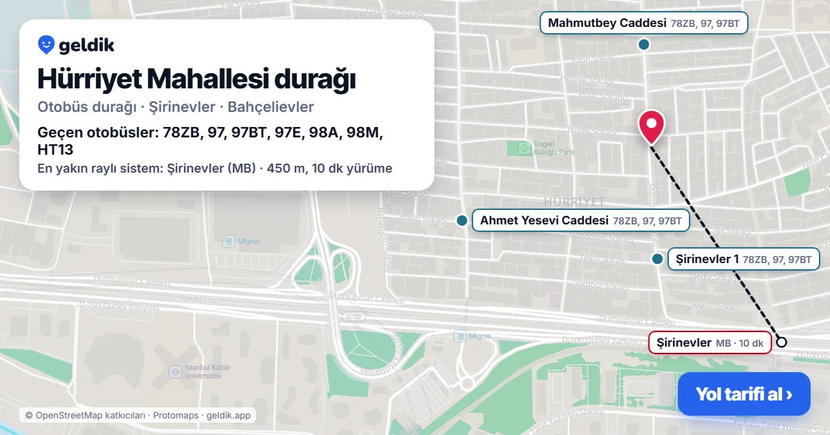 Hürriyet Mahallesi otobüs durağı haritada: konumu ve yakındaki duraklar