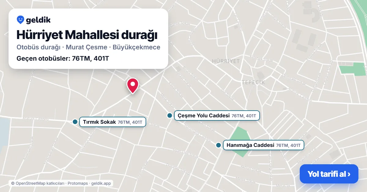 Hürriyet Mahallesi otobüs durağı haritada: konumu ve yakındaki duraklar