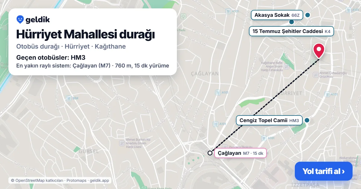 Hürriyet Mahallesi otobüs durağı haritada: konumu ve yakındaki duraklar