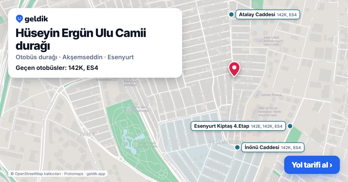 Hüseyin Ergün Ulu Camii otobüs durağı haritada: konumu ve yakındaki duraklar