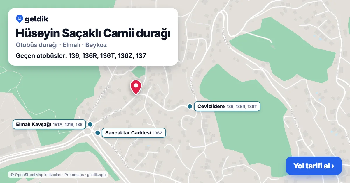 Hüseyin Saçaklı Camii otobüs durağı haritada: konumu ve yakındaki duraklar