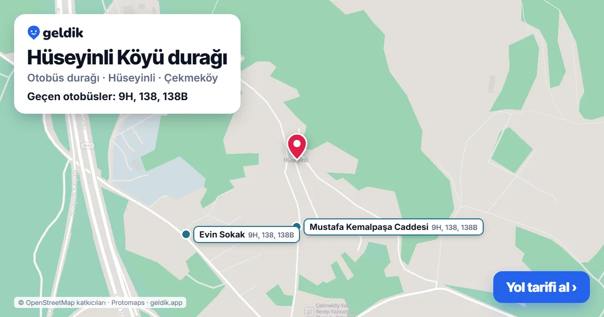 Hüseyinli Köyü otobüs durağı haritada: konumu ve yakındaki duraklar