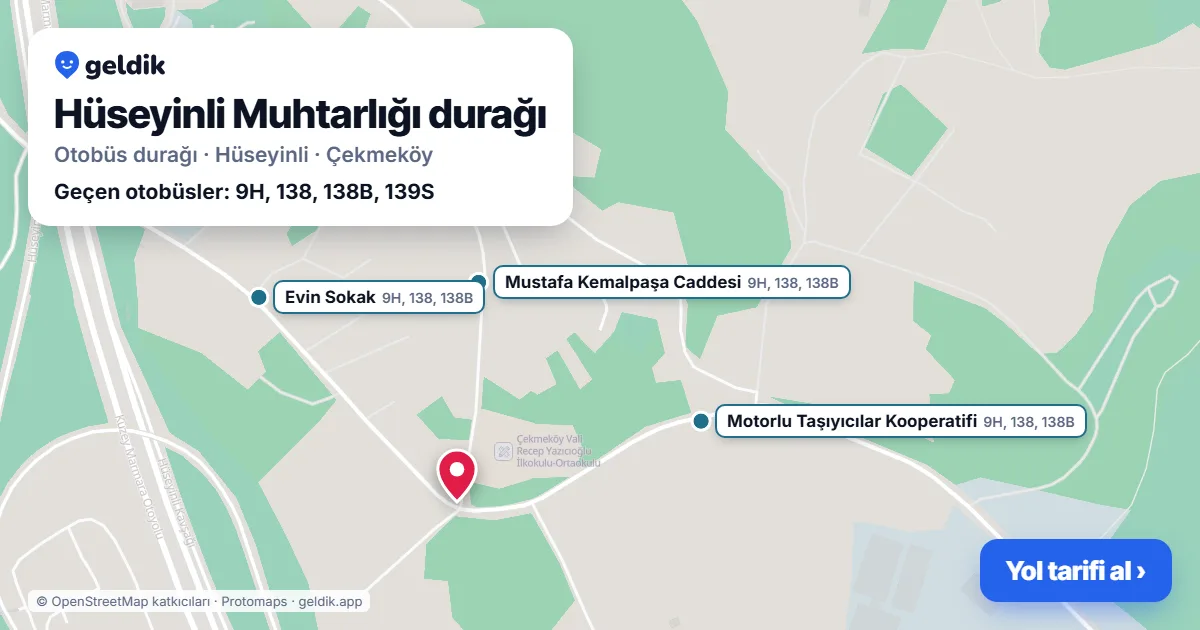 Hüseyinli Muhtarlığı otobüs durağı haritada: konumu ve yakındaki duraklar