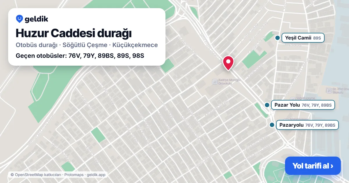 Huzur Caddesi otobüs durağı haritada: konumu ve yakındaki duraklar