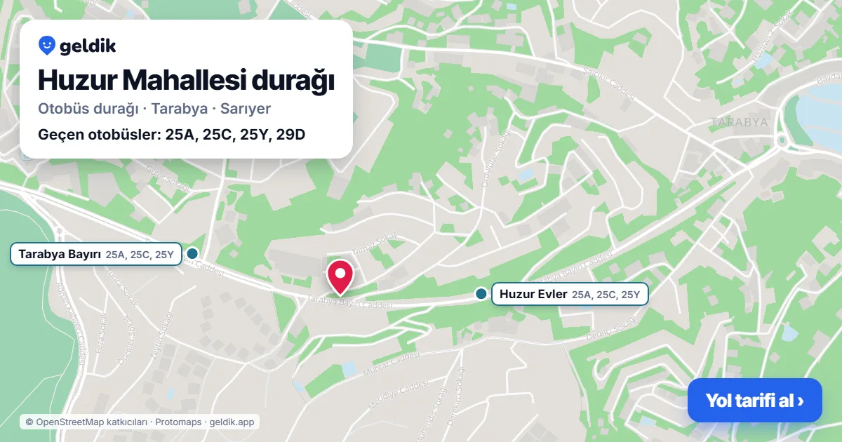 Huzur Mahallesi otobüs durağı haritada: konumu ve yakındaki duraklar