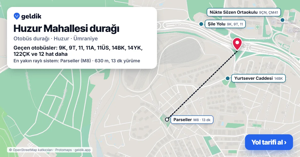 Huzur Mahallesi otobüs durağı haritada: konumu ve yakındaki duraklar