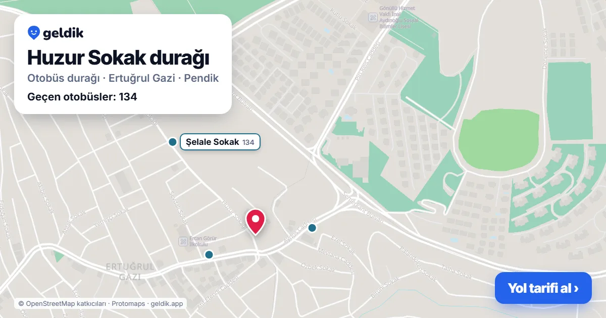 Huzur Sokak otobüs durağı haritada: konumu ve yakındaki duraklar