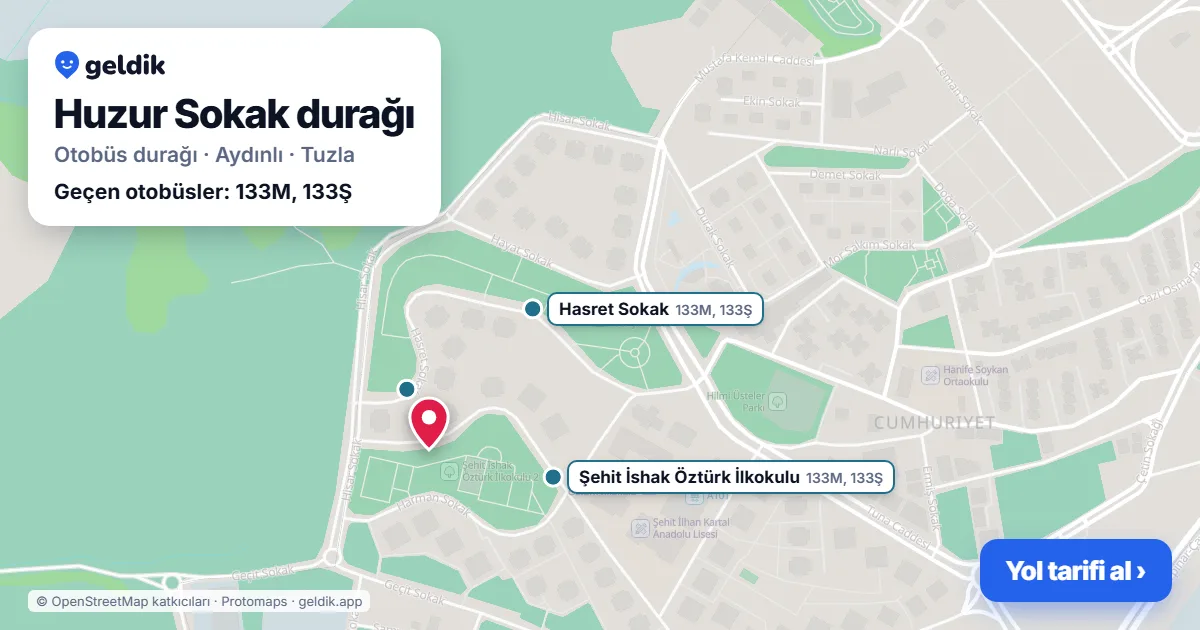 Huzur Sokak otobüs durağı haritada: konumu ve yakındaki duraklar