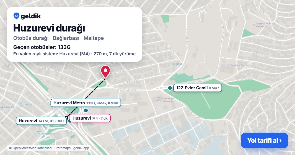 Huzurevi otobüs durağı haritada: konumu ve yakındaki duraklar