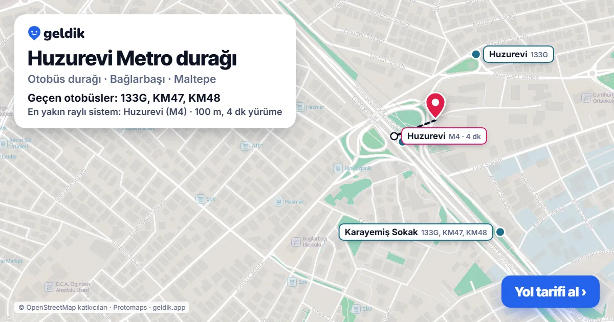 Huzurevi Metro otobüs durağı haritada: konumu ve yakındaki duraklar