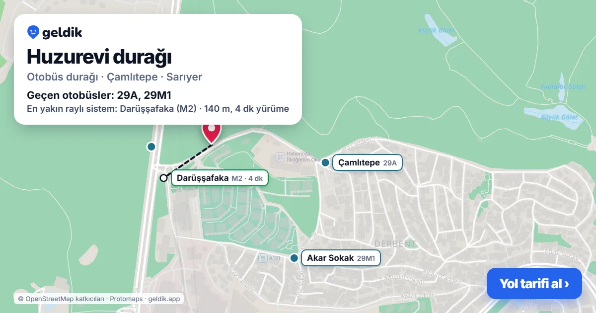 Huzurevi otobüs durağı haritada: konumu ve yakındaki duraklar