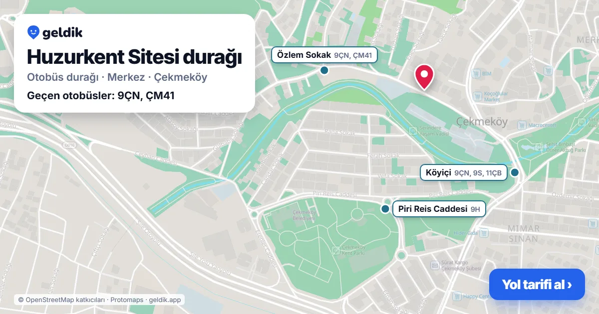 Huzurkent Sitesi otobüs durağı haritada: konumu ve yakındaki duraklar