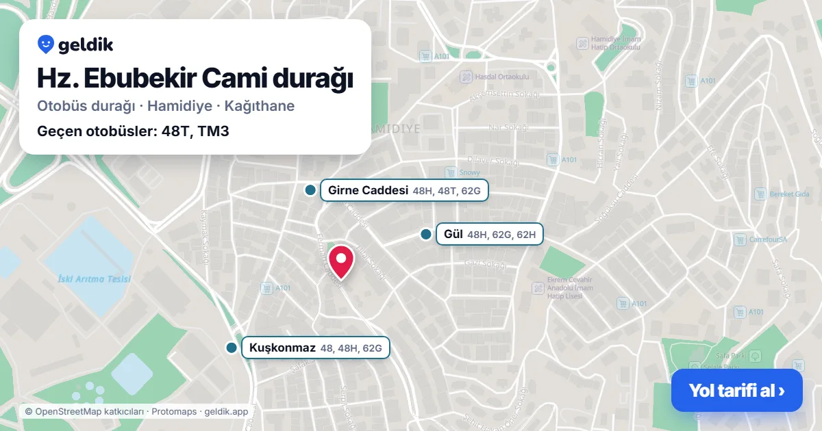 Hz. Ebubekir Cami otobüs durağı haritada: konumu ve yakındaki duraklar