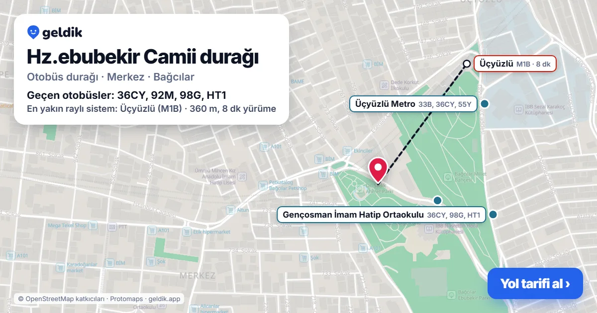 Hz.ebubekir Camii otobüs durağı haritada: konumu ve yakındaki duraklar