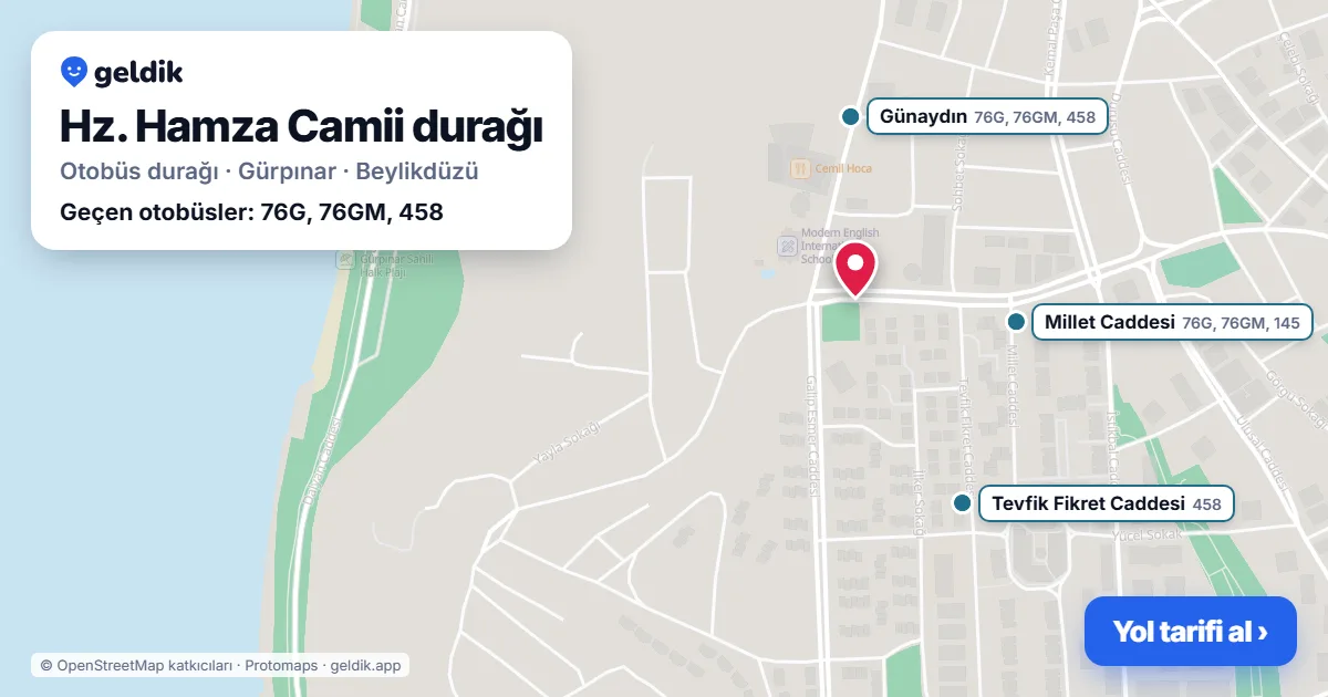 Hz. Hamza Camii otobüs durağı haritada: konumu ve yakındaki duraklar